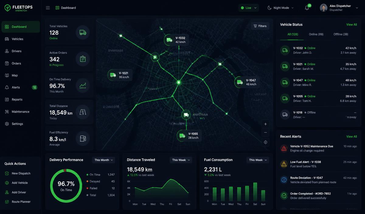 Disponenten-Dashboard mit Live-Fahrzeugtracking und Routenübersicht